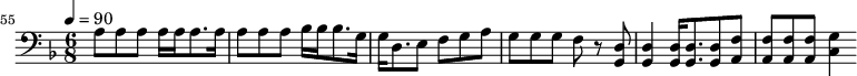 {\clef bass \tempo 4=90\key f \major \time 6/8 
\set Score.currentBarNumber = #55 \bar ""
a8 a a a16 a a8. a16 a8 a a bes16 bes bes8. g16 g d8. e8 f g a g g g f r8 <d g,> <d g,>4 <d g,>16 <d g,>8. <d g,>8 <f a,>8 <f a,>8 <f a,>8 <f a,>8 <g c>4 \break}\midi{}