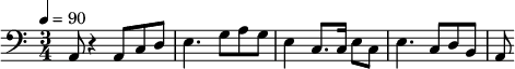 {\clef bass \tempo 4=90 \time 3/4
\set Score.currentBarNumber = #1 \bar ""
a,8 r4 a,8 c d e4. g8 a g e4 c8. c16 e8 c e4. c8 d b, a,
}\addlyrics {\set fontSize = #-2
}
\midi{}
