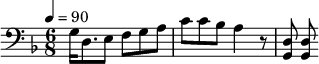 {\clef bass \tempo 4=90\key f \major \time 6/8 
g16 d8. e8 f g a c' c' bes a4 r8 <d g,> <d g,>
}\midi{}
