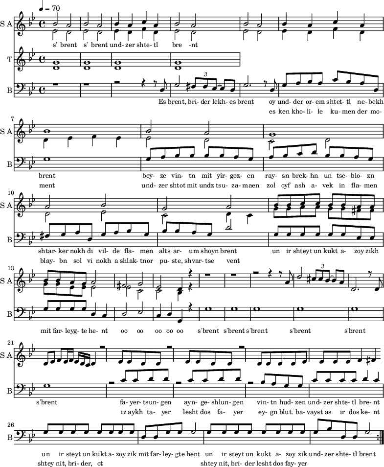 
<< 
  
  \new Staff     
    \with {instrumentName = "S A"
           shortInstrumentName = "S A"}
    <<
    \set Staff.midiMinimumVolume = #0.3
    \set Staff.midiMaximumVolume = #0.7
    \set Score.currentBarNumber = #1 \bar "" \tempo 4=70 \time 4/4 \key bes \major

    \new Voice = "one" \fixed a ' {  
      \voiceOne
        bes2 a bes a bes4 a c' a bes2 a bes a bes4 a c' a bes1 bes2 a g1 a2 bes g a
        bes8 bes c' c' bes bes a a bes bes a g a2 fis g ees d4 r4 r1 r r2 r4 r8 a8 d'2 \tuplet 3/2 {cis'8 cis' bes~} bes a
        d2. r8 d8 d ees f ees16 f ees d c d4 r2 ees8 ees d d r2 ees8 ees d d r2 d8 d d d ees ees ees ees f4 fis
    }
    \new Voice = "two" \fixed c '{  
      \voiceTwo
        ees2 d ees d ees4 d f d ees2 d ees d ees4 d f d d ees f ees ees2 d c d d ees c d4 c 
        g8 g a a g g fis fis g g ees ees ees2 ees c c bes,4 r4
    }
    >>
    \new Lyrics \lyricsto "one" {\set fontSize = #-2
      s' brent s' brent und- zer shte- tl bre -nt
    }  
  \new Staff  
    \with {instrumentName = "T"
           shortInstrumentName = "T"}
    <<
    \set Staff.midiMinimumVolume = #0.3
    \set Staff.midiMaximumVolume = #0.5      
    \set Score.currentBarNumber = #1 \bar "" \tempo 4=70 \time 4/4 \key bes \major
    \new Voice = "three" \fixed c ' {
      \voiceOne
       g1 g  g g 
    }
    \new Voice = "four" \fixed c ' {
      \voiceTwo
       d1 d d d
    }    
    >>
    \new Lyrics \lyricsto "three" {\set fontSize = #-2
    
    }
  \repeat volta 2
  \new Staff \with {midiInstrument = #"acoustic bass"
       instrumentName = "B"
       shortInstrumentName = "B"} <<
    \set Staff.midiMinimumVolume = #14.7
    \set Staff.midiMaximumVolume = #15.9
    \set Score.currentBarNumber = #1 \bar "" \tempo 4=70 \time 4/4 \key bes \major
    \clef bass 
    \new Voice = "five"{
      \voiceOne 
      r1 r r2 r4 r8 d g2 \tuplet 3/2 {fis8 fis ees~} ees d g2. r8 d g a bes a c' bes a d g1 g8 a bes bes bes bes a g a bes c' d' bes bes a g fis g a d g a bes g bes bes a g d'2 g8 g g g g g ees ees g g g g d4 c d2 ees c4 d g, r4 g1 g g g g g r2 c'8 c' d' d' r2 c'8 c' d' d' r2 bes8 a g g c' c' c' c' d'4 c' g8 g g g g g g g d d g g g2 g8 g g g g g g g g bes d d g2 
    }
    >>
    \new Lyrics \lyricsto "five" {\set fontSize = #-2
    Es brent, bri- der lekh- es brent oy und- der or- em shtet- tl ne- bekh brent bey- ze vin- tn mit yir- goz- en ray- sn brek- hn un tse- blo- zn shtar- ker nokh di vil- de fla- men alts ar- um shoyn brent un ir shteyt un kukt a- zoy zikh mit far- leyg- te he- nt oo oo oo oo oo s'brent s'brent s'brent s'brent s'brent s'brent fa- yer- tsun- gen ayn- ge- shlun- gen vin- tn hud- zen und- zer shte- tl bre- nt un ir steyt un kukt a- zoy zik mit far- ley- gte hent un ir steyt un kukt a- zoy zik und- zer shte- tl brent
    }
    \new Lyrics \lyricsto "five" {\set fontSize = #-2
            _ _ _ _ _ _ _                 es ken kho- li- le ku- men der mo- ment und- zer shtot mit undz tsu- za- maen zol oyf ash a- vek in fla- men blay- bn sol vi nokh a shlak- tnor pu- ste, shvar- tse vent _ _ _ _ _ _ _ _  _ _ _ _ _ _ _ _ _ _ _ _  _ _ _ _ _ iz aykh ta- yer  lesht dos fa- yer ey- gn blut. ba- vayst as ir dos ke- nt  shtey nit, bri- der, ot _ _ _ _ _ _ _ _ shtey nit, bri- der lesht dos fay- yer          
}
>>
\midi{}
