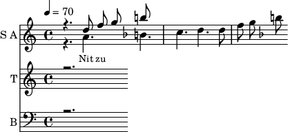 <<
\new Staff
\with {instrumentName = "S A"
shortInstrumentName = "S A"}
<<
\set Staff.midiMinimumVolume = #0.3
\set Staff.midiMaximumVolume = #0.7
\set Score.currentBarNumber = #1 \bar "" \tempo 4=70 \time 4/4
\new Voice = "one" \relative c '' {
\voiceOne
\key c \major
r4. d8 f8 g8
\key f \major b
}
\new Voice = "two" \relative c ''{
\voiceTwo
\key c \major
r4. a b c d d8 f8 g8
\key f \major b
}
>>
\new Lyrics \lyricsto "one" {\set fontSize = #-2
Nit zu
}
\new Staff
\with {instrumentName = "T"
shortInstrumentName = "T"}
<<
\set Staff.midiMinimumVolume = #0.3
\set Staff.midiMaximumVolume = #0.5
\key c \major \time 3/4
\new Voice = "three" \fixed c '' {
\voiceOne
r2.
}
>>
\new Lyrics \lyricsto "three" {\set fontSize = #-2
}
\new Staff \with {midiInstrument = #"acoustic bass"
instrumentName = "B"
shortInstrumentName = "B"} <<
\set Staff.midiMinimumVolume = #4.7
\set Staff.midiMaximumVolume = #5.9
\clef bass \key c \major \time 4/4
\new Voice = "four"{
\voiceOne
r2.
}
>>
\new Lyrics \lyricsto "four" {\set fontSize = #-2
oo
}
>>
\midi{}