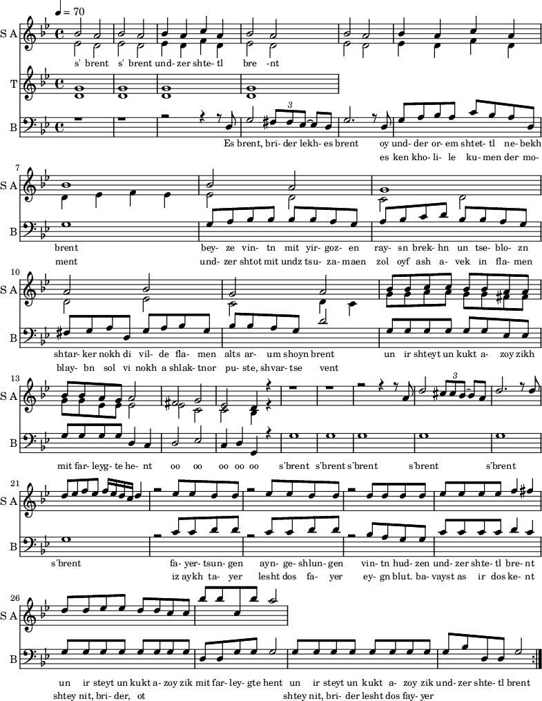 <<
\new Staff
\with {instrumentName = "S A"
shortInstrumentName = "S A"}
<<
\set Staff.midiMinimumVolume = #0.3
\set Staff.midiMaximumVolume = #0.7
\set Score.currentBarNumber = #1 \bar "" \tempo 4=70 \time 4/4 \key bes \major
\new Voice = "one" \fixed a ' {
\voiceOne
bes2 a bes a bes4 a c' a bes2 a bes a bes4 a c' a bes1 bes2 a g1 a2 bes g a
bes8 bes c' c' bes bes a a bes bes a g a2 fis g ees d4 r4 r1 r r2 r4 r8 a8 d'2 \tuplet 3/2 {cis'8 cis' bes~} bes a
\fixed a ''{d2. r8 d8 d ees f ees f16 ees d c d4 r2 ees8 ees d d r2 ees8 ees d d r2 d8 d d d ees ees ees ees f4 fis
d8 d ees ees d d c c bes bes c bes a2}
}
\new Voice = "two" \fixed c '{
\voiceTwo
ees2 d ees d ees4 d f d ees2 d ees d ees4 d f d d ees f ees ees2 d c d d ees c d4 c
g8 g a a g g fis fis g g ees ees ees2 ees c c bes,4 r4
}
>>
\new Lyrics \lyricsto "one" {\set fontSize = #-2
s' brent s' brent und- zer shte- tl bre -nt
}
\new Staff
\with {instrumentName = "T"
shortInstrumentName = "T"}
<<
\set Staff.midiMinimumVolume = #0.3
\set Staff.midiMaximumVolume = #0.5
\set Score.currentBarNumber = #1 \bar "" \tempo 4=70 \time 4/4 \key bes \major
\new Voice = "three" \fixed c ' {
\voiceOne
g1 g g g
}
\new Voice = "four" \fixed c ' {
\voiceTwo
d1 d d d
}
>>
\new Lyrics \lyricsto "three" {\set fontSize = #-2
}
\repeat volta 2
\new Staff \with {midiInstrument = #"acoustic bass"
instrumentName = "B"
shortInstrumentName = "B"} <<
\set Staff.midiMinimumVolume = #14.7
\set Staff.midiMaximumVolume = #15.9
\set Score.currentBarNumber = #1 \bar "" \tempo 4=70 \time 4/4 \key bes \major
\clef bass
\new Voice = "five"{
\voiceOne
r1 r r2 r4 r8 d g2 \tuplet 3/2 {fis8 fis ees~} ees d g2. r8 d g a bes a c' bes a d g1 g8 a bes bes bes bes a g a bes c' d' bes bes a g fis g a d g a bes g bes bes a g d'2 g8 g g g g g ees ees g g g g d4 c d2 ees c4 d g, r4 g1 g g g g g r2 c'8 c' d' d' r2 c'8 c' d' d' r2 bes8 a g g c' c' c' c' d'4 c' g8 g g g g g g g d d g g g2 g8 g g g g g g g g bes d d g2
}
>>
\new Lyrics \lyricsto "five" {\set fontSize = #-2
Es brent, bri- der lekh- es brent oy und- der or- em shtet- tl ne- bekh brent bey- ze vin- tn mit yir- goz- en ray- sn brek- hn un tse- blo- zn shtar- ker nokh di vil- de fla- men alts ar- um shoyn brent un ir shteyt un kukt a- zoy zikh mit far- leyg- te he- nt oo oo oo oo oo s'brent s'brent s'brent s'brent s'brent s'brent fa- yer- tsun- gen ayn- ge- shlun- gen vin- tn hud- zen und- zer shte- tl bre- nt un ir steyt un kukt a- zoy zik mit far- ley- gte hent un ir steyt un kukt a- zoy zik und- zer shte- tl brent
}
\new Lyrics \lyricsto "five" {\set fontSize = #-2
_ _ _ _ _ _ _ es ken kho- li- le ku- men der mo- ment und- zer shtot mit undz tsu- za- maen zol oyf ash a- vek in fla- men blay- bn sol vi nokh a shlak- tnor pu- ste, shvar- tse vent _ _ _ _ _ _ _ _ _ _ _ _ _ _ _ _ _ _ _ _ _ _ _ _ _ iz aykh ta- yer lesht dos fa- yer ey- gn blut. ba- vayst as ir dos ke- nt shtey nit, bri- der, ot _ _ _ _ _ _ _ _ shtey nit, bri- der lesht dos fay- yer
}
>>
\midi{}