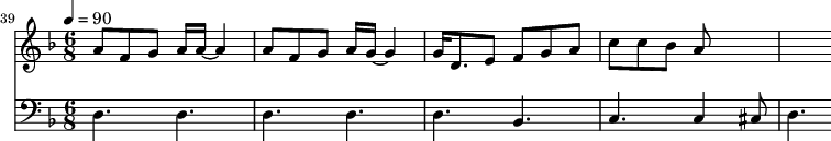 {
<<
\relative c '' {
\new Staff {
\set Score.currentBarNumber = #39 \bar "" \tempo 4=90 \key f \major \time 6/8
a8 f g a16 a~ a4 a8 f g a16 g~ g4 g16 d8. e8 f g a c c bes a
}
}
\new Staff \with {midiInstrument = #"cello"} {
\clef bass \key f \major \time 6/8
d4. d d d d bes, c c4 cis8 d4.
}
>>
}
\midi{}