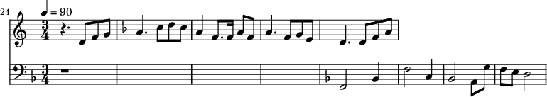 
{
  <<
    \relative c ' {
      \new Staff {
        \set Staff.midiMinimumVolume = #0.3
        \set Staff.midiMaximumVolume = #0.7
        \set Score.currentBarNumber = #24 \bar "" \tempo 4=90  \key c \major \time 3/4
        r4. d8 f8 g8 \key f \major a4. c8 d c a4 f8. f16 a8 f8 a4. f8 g e d4. d8 f a
      }

    }
    \new Staff  \with {midiInstrument = #"acoustic bass"} 
    {
      \set Staff.midiMinimumVolume = #4.7
      \set Staff.midiMaximumVolume = #5.9
      \set Score.currentBarNumber = #24 \bar ""
      \clef bass \key f \major \time 3/4
      r1*3 \key f \major f,2 bes,4 f2 c4 bes,2 a,8 g f e d2
    }
  >>
}
\midi{}