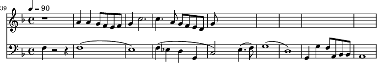 
{
  <<
    \relative c '' {
      \new Staff {
        \set Staff.midiMinimumVolume = #0.1
        \set Staff.midiMaximumVolume = #0.3
        \set Score.currentBarNumber = #39 \bar "" \tempo 4=90  \key f \major
        r1 a4 a g8 f e f g4  c2. c4. a8 g f e d g
      }
    }
    {
      \new Staff  \with {midiInstrument = #"acoustic bass"} 
      {
        \set Staff.midiMinimumVolume = #0.7
        \set Staff.midiMaximumVolume = #0.9
        \clef bass \key f \major 
        f4 r2 r4 f1( e1) f4( ees d g, c2) e4.( f8) g1( d1) g,4 g f8 a, bes, bes, a,1
      }
    }
  >>
}
\midi{}