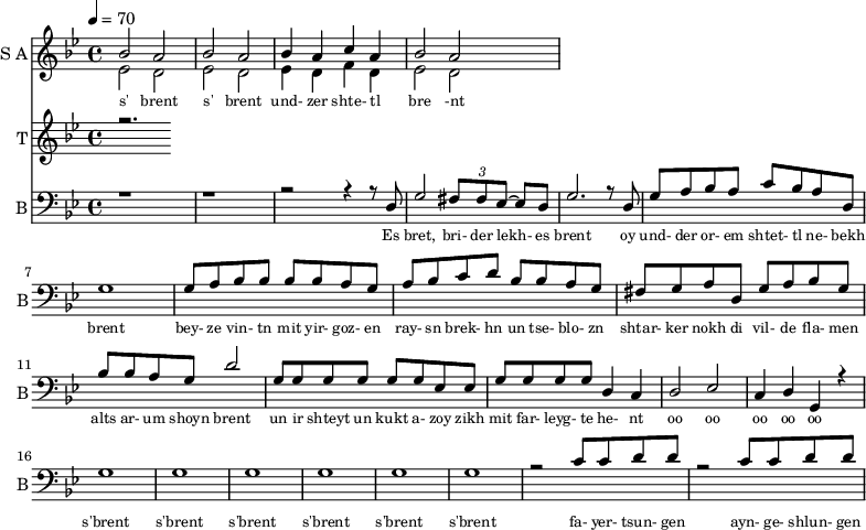 <<
\new Staff
\with {instrumentName = "S A"
shortInstrumentName = "S A"}
<<
\set Staff.midiMinimumVolume = #0.3
\set Staff.midiMaximumVolume = #0.7
\set Score.currentBarNumber = #1 \bar "" \tempo 4=70 \time 4/4 \key bes \major
\new Voice = "one" \relative c '' {
\voiceOne
bes2 a bes a bes4 a c a bes2 a
}
\new Voice = "two" \relative c '{
\voiceTwo
ees2 d ees d ees4 d f d ees2 d
}
>>
\new Lyrics \lyricsto "one" {\set fontSize = #-2
s' brent s' brent und- zer shte- tl bre -nt
}
\new Staff
\with {instrumentName = "T"
shortInstrumentName = "T"}
<<
\set Staff.midiMinimumVolume = #0.3
\set Staff.midiMaximumVolume = #0.5
\set Score.currentBarNumber = #1 \bar "" \tempo 4=70 \time 4/4 \key bes \major
\new Voice = "three" \fixed c '' {
\voiceOne
r2.
}
>>
\new Lyrics \lyricsto "three" {\set fontSize = #-2
}
\new Staff \with {midiInstrument = #"acoustic bass"
instrumentName = "B"
shortInstrumentName = "B"} <<
\set Staff.midiMinimumVolume = #14.7
\set Staff.midiMaximumVolume = #15.9
\set Score.currentBarNumber = #1 \bar "" \tempo 4=70 \time 4/4 \key bes \major
\clef bass
\new Voice = "four"{
\voiceOne
r1 r r2 r4 r8 d g2 \tuplet 3/2 {fis8 fis ees~} ees d g2. r8 d g a bes a c' bes a d g1 g8 a bes bes bes bes a g a bes c' d' bes bes a g fis g a d g a bes g bes bes a g d'2 g8 g g g g g ees ees g g g g d4 c d2 ees c4 d g, r4 g1 g g g g g r2 c'8 c' d' d' r2 c'8 c' d' d'
}
>>
\new Lyrics \lyricsto "four" {\set fontSize = #-2
Es bret, bri- der lekh- es brent oy und- der or- em shtet- tl ne- bekh brent bey- ze vin- tn mit yir- goz- en ray- sn brek- hn un tse- blo- zn shtar- ker nokh di vil- de fla- men alts ar- um shoyn brent un ir shteyt un kukt a- zoy zikh mit far- leyg- te he- nt oo oo oo oo oo s'brent s'brent s'brent s'brent s'brent s'brent fa- yer- tsun- gen ayn- ge- shlun- gen
}
>>
\midi{}