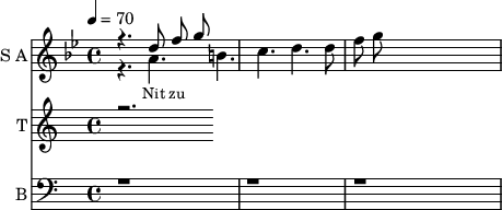 <<
\new Staff
\with {instrumentName = "S A"
shortInstrumentName = "S A"}
<<
\set Staff.midiMinimumVolume = #0.3
\set Staff.midiMaximumVolume = #0.7
\set Score.currentBarNumber = #1 \bar "" \tempo 4=70 \time 4/4 \key bes \major
\new Voice = "one" \relative c '' {
\voiceOne
r4. d8 f8 g8
}
\new Voice = "two" \relative c ''{
\voiceTwo
r4. a b c d d8 f8 g8
}
>>
\new Lyrics \lyricsto "one" {\set fontSize = #-2
Nit zu
}
\new Staff
\with {instrumentName = "T"
shortInstrumentName = "T"}
<<
\set Staff.midiMinimumVolume = #0.3
\set Staff.midiMaximumVolume = #0.5
\new Voice = "three" \fixed c '' {
\voiceOne
r2.
}
>>
\new Lyrics \lyricsto "three" {\set fontSize = #-2
}
\new Staff \with {midiInstrument = #"acoustic bass"
instrumentName = "B"
shortInstrumentName = "B"} <<
\set Staff.midiMinimumVolume = #4.7
\set Staff.midiMaximumVolume = #5.9
\clef bass
\new Voice = "four"{
\voiceOne
r1 r r
}
>>
\new Lyrics \lyricsto "four" {\set fontSize = #-2
oo
}
>>
\midi{}