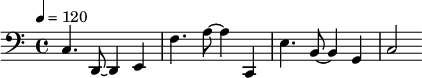 {\clef bass \tempo 4=120 c4. d,8 ~ d,4 e, f4. a8 ~ a4 c, e4. b,8 ~ b,4 g, c2}\midi{}