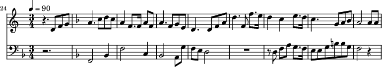 {
<<
\relative c ' {
\new Staff {
\set Staff.midiMinimumVolume = #0.3
\set Staff.midiMaximumVolume = #0.7
\set Score.currentBarNumber = #24 \bar "" \tempo 4=90 \key c \major \time 3/4
r4. d8 f8 g8 \key f \major a4. c8 d c a4 f8. f16 a8 f8 a4. f8 g e d4. d8 f a d4. f,8 f'8. e16 d4 c4 e8. d16 c4. g8 a bes a2 a8 a
}
}
\new Staff \with {midiInstrument = #"acoustic bass"}
{
\set Staff.midiMinimumVolume = #4.7
\set Staff.midiMaximumVolume = #5.9
\set Score.currentBarNumber = #24 \bar ""
\clef bass \key f \major \time 3/4
r2. \key f \major f,2 bes,4 f2 c4 bes,2 a,8 g f e d2 R2. r8 d8 f a g8. f16 e8 e g b b g f2 r4
}
>>
}
\midi{}