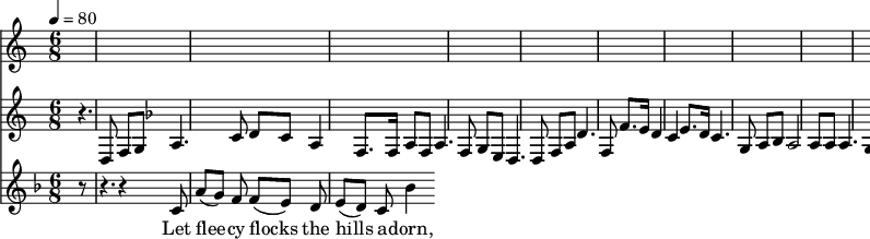 
<<
  \relative {
      \new Staff {
        \set Staff.midiMinimumVolume = #0.3
        \set Staff.midiMaximumVolume = #0.7
        \set Score.currentBarNumber = #24 \bar "" \tempo 4=80   \time 3/4
        \key c \major
        r4. d8 f8 g8 
        \key f \major a4. c8 d c a4 f8. f16 a8 f8 a4. f8 g e d4. d8 f a d4. f,8 f'8. e16 d4 c4 e8. d16 c4. g8 a bes a2 a8 a a4. g16 a bes8g f4. e16 f g8 f d2. d r8
      }
  }
  \addlyrics {
    Let flee -- cy flocks the hills a -- dorn, __
  }
  \relative {
    \key f \major
    \time 6/8
    \partial 8
    r8 | r4. r4 c'8 | a'8([ g]) f f([ e]) d | e8([ d]) c bes'4
  }
  \addlyrics {
    Let flee -- cy flocks the hills a -- dorn,
  }
>>
\midi{}
