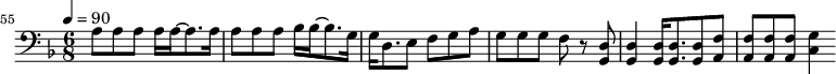 {\clef bass \tempo 4=90\key f \major \time 6/8 
\set Score.currentBarNumber = #55 \bar ""
a8 a a a16 a~ a8. a16 a8 a a bes16 bes~ bes8. g16 g d8. e8 f g a g g g f r8 <d g,> <d g,>4 <d g,>16 <d g,>8. <d g,>8 <f a,>8 <f a,>8 <f a,>8 <f a,>8 <g c>4 \break}\midi{}