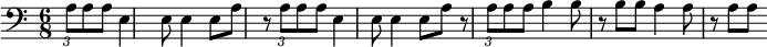 {\clef bass \key c \major \time 6/8 \partial 4. \tuplet 3/2 a8 a a e4 e8 e4 e8 a r8 \tuplet 3/2 a8 a a e4 e8 e4 e8 a r8 \tuplet 3/2 a8 a a b4 b8 r8 b8 b a4 a8 r8 a8 a }