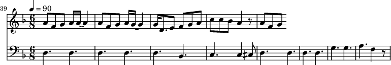{
<<
\relative c '' {
\new Staff {
\set Staff.midiMinimumVolume = #0.1
\set Staff.midiMaximumVolume = #0.3
\set Score.currentBarNumber = #39 \bar "" \tempo 4=90 \key f \major \time 6/8
a8 f g a16 a~ a4 a8 f g a16 g~ g4 g16 d8. e8 f g a c c bes a4 r8 a f g
}
}
\new Staff \with {midiInstrument = #"acoustic bass"}
{
\set Staff.midiMinimumVolume = #0.7
\set Staff.midiMaximumVolume = #0.9
\clef bass \key f \major \time 6/8
d4. d d d d bes, c c4 cis8 d4. d d d g g a f4 r8
}
>>
}
\midi{}