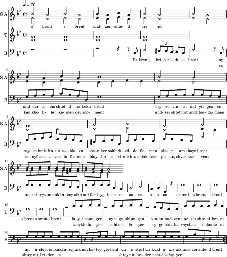 
<< 
  
  \new Staff     
    \with {instrumentName = "S A"
           shortInstrumentName = "S A"}
    <<
    \set Staff.midiMinimumVolume = #0.3
    \set Staff.midiMaximumVolume = #0.7
    \set Score.currentBarNumber = #1 \bar "" \tempo 4=70 \time 4/4 \key bes \major

    \new Voice = "one" \relative c '' {  
      \voiceOne
        bes2 a bes a bes4 a c a bes2 a bes a bes4 a c a bes1 bes2 a g1 a2 bes g a
        bes8 bes c c bes bes a a bes a g a2
    }
    \new Voice = "two" \fixed c '{  
      \voiceTwo
        ees2 d ees d ees4 d f d ees2 d ees d ees4 d f d d ees f ees ees2 d c d d ees c d4 c 
        g8 g a a g g fis fis g ees ees ees2
    }
    >>
    \new Lyrics \lyricsto "one" {\set fontSize = #-2
      s' brent s' brent und- zer shte- tl bre -nt
    }  
  \new Staff  
    \with {instrumentName = "T"
           shortInstrumentName = "T"}
    <<
    \set Staff.midiMinimumVolume = #0.3
    \set Staff.midiMaximumVolume = #0.5      
    \set Score.currentBarNumber = #1 \bar "" \tempo 4=70 \time 4/4 \key bes \major
    \new Voice = "three" \fixed c ' {
      \voiceOne
       g1 g  g g 
    }
    \new Voice = "four" \fixed c ' {
      \voiceTwo
       d1 d d d
    }    
    >>
    \new Lyrics \lyricsto "three" {\set fontSize = #-2
    
    }
  \repeat volta 2
  \new Staff \with {midiInstrument = #"acoustic bass"
       instrumentName = "B"
       shortInstrumentName = "B"} <<
    \set Staff.midiMinimumVolume = #14.7
    \set Staff.midiMaximumVolume = #15.9
    \set Score.currentBarNumber = #1 \bar "" \tempo 4=70 \time 4/4 \key bes \major
    \clef bass 
    \new Voice = "five"{
      \voiceOne 
      r1 r r2 r4 r8 d g2 \tuplet 3/2 {fis8 fis ees~} ees d g2. r8 d g a bes a c' bes a d g1 g8 a bes bes bes bes a g a bes c' d' bes bes a g fis g a d g a bes g bes bes a g d'2 g8 g g g g g ees ees g g g g d4 c d2 ees c4 d g, r4 g1 g g g g g r2 c'8 c' d' d' r2 c'8 c' d' d' r2 bes8 a g g c' c' c' c' d'4 c' g8 g g g g g g g d d g g g2 g8 g g g g g g g g bes d d g2 
    }
    >>
    \new Lyrics \lyricsto "five" {\set fontSize = #-2
    Es brent, bri- der lekh- es brent oy und- der or- em shtet- tl ne- bekh brent bey- ze vin- tn mit yir- goz- en ray- sn brek- hn un tse- blo- zn shtar- ker nokh di vil- de fla- men alts ar- um shoyn brent un ir shteyt un kukt a- zoy zikh mit far- leyg- te he- nt oo oo oo oo oo s'brent s'brent s'brent s'brent s'brent s'brent fa- yer- tsun- gen ayn- ge- shlun- gen vin- tn hud- zen und- zer shte- tl bre- nt un ir steyt un kukt a- zoy zik mit far- ley- gte hent un ir steyt un kukt a- zoy zik und- zer shte- tl brent
    }
    \new Lyrics \lyricsto "five" {\set fontSize = #-2
            _ _ _ _ _ _ _                 es ken kho- li- le ku- men der mo- ment und- zer shtot mit undz tsu- za- maen zol oyf ash a- vek in fla- men blay- bn sol vi nokh a shlak- tnor pu- ste, shvar- tse vent _ _ _ _ _ _ _ _  _ _ _ _ _ _ _ _ _ _ _ _  _ _ _ _ _ iz aykh ta- yer  lesht dos fa- yer ey- gn blut. ba- vayst as ir dos ke- nt  shtey nit, bri- der, ot _ _ _ _ _ _ _ _ shtey nit, bri- der lesht dos fay- yer          
}
>>
\midi{}
