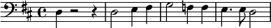 {\clef bass \key d \major 
d4 r2 r4 d2 e4 fis g2 f4 f e4. e8 d2
}\midi{}