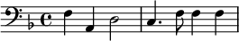 {\clef bass \key f \major f a, d2 c4. f8 f4 f}\midi{}