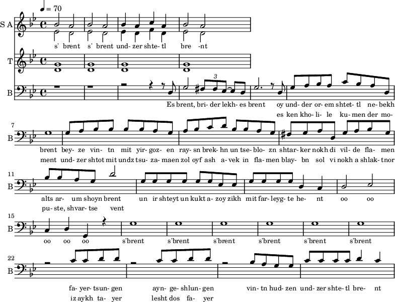 
<<
  \new Staff     
    \with {instrumentName = "S A"
           shortInstrumentName = "S A"}
    <<
    \set Staff.midiMinimumVolume = #0.3
    \set Staff.midiMaximumVolume = #0.7
    \set Score.currentBarNumber = #1 \bar "" \tempo 4=70 \time 4/4 \key bes \major

    \new Voice = "one" \relative c '' {  
      \voiceOne
        bes2 a bes a bes4 a c a bes2 a
    }
    \new Voice = "two" \relative c '{  
      \voiceTwo
        ees2 d ees d ees4 d f d ees2 d  
    }
    >>
    \new Lyrics \lyricsto "one" {\set fontSize = #-2
      s' brent s' brent und- zer shte- tl bre -nt
    }
  \new Staff  
    \with {instrumentName = "T"
           shortInstrumentName = "T"}
    <<
    \set Staff.midiMinimumVolume = #0.3
    \set Staff.midiMaximumVolume = #0.5      
    \set Score.currentBarNumber = #1 \bar "" \tempo 4=70 \time 4/4 \key bes \major
    \new Voice = "three" \fixed c ' {
      \voiceOne
       g1 g  g g 
    }
    \new Voice = "four" \fixed c ' {
      \voiceTwo
       d1 d d d
    }    
    >>
    \new Lyrics \lyricsto "three" {\set fontSize = #-2
    
    }

  \new Staff \with {midiInstrument = #"acoustic bass"
       instrumentName = "B"
       shortInstrumentName = "B"} <<
    \set Staff.midiMinimumVolume = #14.7
    \set Staff.midiMaximumVolume = #15.9
    \set Score.currentBarNumber = #1 \bar "" \tempo 4=70 \time 4/4 \key bes \major
    \clef bass 
    \new Voice = "five"{
      \voiceOne 
      r1 r r2 r4 r8 d g2 \tuplet 3/2 {fis8 fis ees~} ees d g2. r8 d g a bes a c' bes a d g1 g8 a bes bes bes bes a g a bes c' d' bes bes a g fis g a d g a bes g bes bes a g d'2 g8 g g g g g ees ees g g g g d4 c d2 ees c4 d g, r4 g1 g g g g g r2 c'8 c' d' d' r2 c'8 c' d' d' r2 bes8 a g g c' c' c' c' d'4 c'
    }
    >>
    \new Lyrics \lyricsto "five" {\set fontSize = #-2
    Es brent, bri- der lekh- es brent oy und- der or- em shtet- tl ne- bekh brent bey- ze vin- tn mit yir- goz- en ray- sn brek- hn un tse- blo- zn shtar- ker nokh di vil- de fla- men alts ar- um shoyn brent un ir shteyt un kukt a- zoy zikh mit far- leyg- te he- nt oo oo oo oo oo s'brent s'brent s'brent s'brent s'brent s'brent fa- yer- tsun- gen ayn- ge- shlun- gen vin- tn hud- zen und- zer shte- tl bre- nt
    }
    \new Lyrics \lyricsto "five" {\set fontSize = #-2
            _ _ _ _ _ _ _                 es ken kho- li- le ku- men der mo- ment und- zer shtot mit undz tsu- za- maen zol oyf ash a- vek in fla- men blay- bn sol vi nokh a shlak- tnor pu- ste, shvar- tse vent _ _ _ _ _ _ _ _  _ _ _ _ _ _ _ _ _ _ _ _  _ _ _ _ _ iz aykh ta- yer  lesht dos fa- yer                }

>>
\midi{}