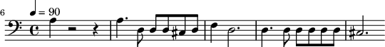 {\clef bass \tempo 4=90 \key c \major
\set Score.currentBarNumber = #6 \bar ""
a4 r2 r4 a4. d8 d d cis d f4 d2. d4. d8 d d d d cis2.
}\addlyrics {\set fontSize = #-2
}
\midi{}