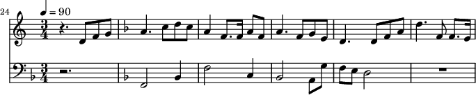 {
<<
\relative c ' {
\new Staff {
\set Staff.midiMinimumVolume = #0.3
\set Staff.midiMaximumVolume = #0.7
\set Score.currentBarNumber = #24 \bar "" \tempo 4=90 \key c \major \time 3/4
r4. d8 f8 g8 \key f \major a4. c8 d c a4 f8. f16 a8 f8 a4. f8 g e d4. d8 f a d4. f,8 f8. e16
}
}
\new Staff \with {midiInstrument = #"acoustic bass"}
{
\set Staff.midiMinimumVolume = #4.7
\set Staff.midiMaximumVolume = #5.9
\set Score.currentBarNumber = #24 \bar ""
\clef bass \key f \major \time 3/4
r2. \key f \major f,2 bes,4 f2 c4 bes,2 a,8 g f e d2 R2.
}
>>
}
\midi{}