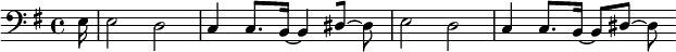 {\clef bass \key g \major \partial 16 e16 e2 d c4 c8.[ b,16]~ b,4[ dis8] ~ dis e2 d c4 c8.[ b,16]~ b,8[ dis8] ~ dis}
