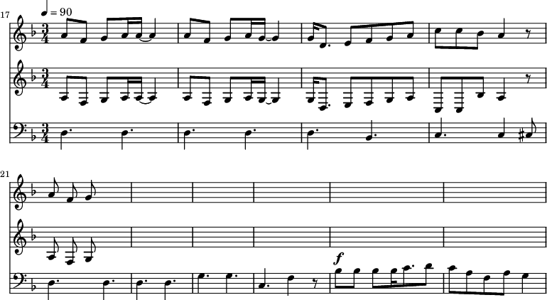 
{
  <<
    \relative c '' {
      \new Staff {
        \set Staff.midiMinimumVolume = #1.1
        \set Staff.midiMaximumVolume = #1.3
        \set Score.currentBarNumber = #17 \bar "" \tempo 4=90  \key f \major \time 3/4
        a8 f g a16 a~ a4 a8 f g a16 g~ g4 g16 d8. e8 f g a c c bes a4 r8 a f g
      }
    }
      \new Staff {
        \set Staff.midiMinimumVolume = #1.1
        \set Staff.midiMaximumVolume = #1.3
        \set Score.currentBarNumber = #17 \bar "" \tempo 4=90  \key f \major \time 3/4
        a8 f g a16 a~ a4 a8 f g a16 g~ g4 g16 d8. e8 f g a c c bes a4 r8 a f g
      }
    \new Staff  \with {midiInstrument = #"acoustic bass"} 
    {
      \set Staff.midiMinimumVolume = #2.7
      \set Staff.midiMaximumVolume = #3.9
      \clef bass \key f \major \time 3/4
      d4. d d d d bes, c c4 cis8 d4. d d d g g c f4 r8 bes8^\f bes bes bes16 c'8. d'8 c' a f a g4
    }
  >>
}
\midi{}
