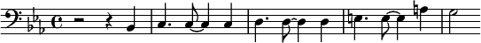 {\clef bass \key ees \major r2 r4 bes, c4. c8 ~ c4 c d4. d8 ~d4 d e4. e8 ~ e4 a g2}