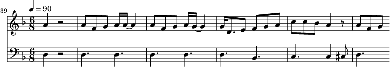 {
<<
\relative c '' {
\new Staff {
\set Staff.midiMinimumVolume = #0.1
\set Staff.midiMaximumVolume = #0.3
\set Score.currentBarNumber = #39 \bar "" \tempo 4=90 \key f \major \time 6/8
a4 r2 a8 f g a16 a~ a4 a8 f g a16 g~ g4 g16 d8. e8 f g a c c bes a4 r8 a f g
}
}
\new Staff \with {midiInstrument = #"acoustic bass"}
{
\set Staff.midiMinimumVolume = #0.7
\set Staff.midiMaximumVolume = #0.9
\clef bass \key f \major \time 6/8
d4 r2 d4. d d d d bes, c c4 cis8 d4.
}
>>
}
\midi{}