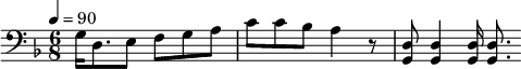 {\clef bass \tempo 4=90\key f \major \time 6/8
g16 d8. e8 f g a c' c' bes a4 r8 <d g,> <d g,>4 <d g,>16 <d g,>8.
}\midi{}