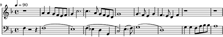 
{
  <<
    \relative c '' {
      \new Staff {
        \set Staff.midiMinimumVolume = #1.5
        \set Staff.midiMaximumVolume = #1.8
        \set Score.currentBarNumber = #9 \bar "" \tempo 4=90  \key f \major
        r1 a4 a g8 f e f g4  c2. c4. a8 g f e d g1 g4. f8 e4 g f4. e8 d4 f r1 r1
      }
    }
    {
      \new Staff  \with {midiInstrument = #"acoustic bass"} 
      {
        \set Staff.midiMinimumVolume = #1.9
        \set Staff.midiMaximumVolume = #1.95
        \clef bass \key f \major 
        f4 r2 r4 f1( e1) f4( ees d g, c2) e4.( f8) g1( d1) g4 g f8 a bes bes a1
      }
    }
  >>
}
\midi{}