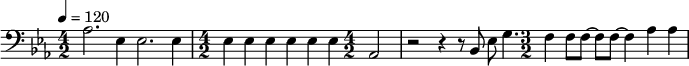 {\clef bass \tempo 4 = 120 \key ees \major 
\time 4/2 aes2. ees4 ees2. ees4 \time 4/2 ees4 ees ees ees ees ees \time 4/2 aes,2 r2 r4 r8 bes,8 ees8 g4.
\time 3/2 f4 f8 f~ f f~ f4 aes aes 
}\midi{}