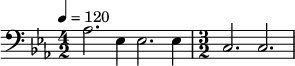 {\clef bass \tempo 4 = 120 \key ees \major
\time 4/2 aes2. ees4 ees2. ees4\time 3/2 c2. c2.
}\midi{}