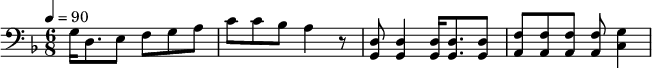 {\clef bass \tempo 4=90\key f \major \time 6/8
g16 d8. e8 f g a c' c' bes a4 r8 <d g,> <d g,>4 <d g,>16 <d g,>8. <d g,>8 <f a,>8 <f a,>8 <f a,>8 <f a,>8 <g c>4 \break
}\midi{}