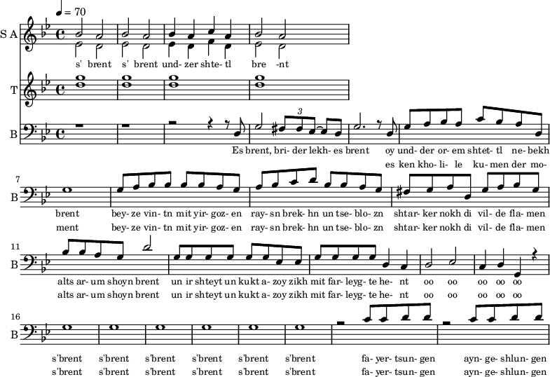 <<
\new Staff
\with {instrumentName = "S A"
shortInstrumentName = "S A"}
<<
\set Staff.midiMinimumVolume = #0.3
\set Staff.midiMaximumVolume = #0.7
\set Score.currentBarNumber = #1 \bar "" \tempo 4=70 \time 4/4 \key bes \major
\new Voice = "one" \relative c '' {
\voiceOne
bes2 a bes a bes4 a c a bes2 a
}
\new Voice = "two" \relative c '{
\voiceTwo
ees2 d ees d ees4 d f d ees2 d
}
>>
\new Lyrics \lyricsto "one" {\set fontSize = #-2
s' brent s' brent und- zer shte- tl bre -nt
}
\new Staff
\with {instrumentName = "T"
shortInstrumentName = "T"}
<<
\set Staff.midiMinimumVolume = #0.3
\set Staff.midiMaximumVolume = #0.5
\set Score.currentBarNumber = #1 \bar "" \tempo 4=70 \time 4/4 \key bes \major
\new Voice = "three" \fixed c '' {
\voiceOne
g1 g g g
}
\new Voice = "four" \fixed c '' {
\voiceTwo
d1 d d d
}
>>
\new Lyrics \lyricsto "three" {\set fontSize = #-2
}
\new Staff \with {midiInstrument = #"acoustic bass"
instrumentName = "B"
shortInstrumentName = "B"} <<
\set Staff.midiMinimumVolume = #14.7
\set Staff.midiMaximumVolume = #15.9
\set Score.currentBarNumber = #1 \bar "" \tempo 4=70 \time 4/4 \key bes \major
\clef bass
\new Voice = "five"{
\voiceOne
r1 r r2 r4 r8 d g2 \tuplet 3/2 {fis8 fis ees~} ees d g2. r8 d g a bes a c' bes a d g1 g8 a bes bes bes bes a g a bes c' d' bes bes a g fis g a d g a bes g bes bes a g d'2 g8 g g g g g ees ees g g g g d4 c d2 ees c4 d g, r4 g1 g g g g g r2 c'8 c' d' d' r2 c'8 c' d' d'
}
>>
\new Lyrics \lyricsto "five" {\set fontSize = #-2
Es brent, bri- der lekh- es brent oy und- der or- em shtet- tl ne- bekh brent bey- ze vin- tn mit yir- goz- en ray- sn brek- hn un tse- blo- zn shtar- ker nokh di vil- de fla- men alts ar- um shoyn brent un ir shteyt un kukt a- zoy zikh mit far- leyg- te he- nt oo oo oo oo oo s'brent s'brent s'brent s'brent s'brent s'brent fa- yer- tsun- gen ayn- ge- shlun- gen
}
\new Lyrics \lyricsto "five" {\set fontSize = #-2
_ _ _ _ _ _ _ es ken kho- li- le ku- men der mo- ment bey- ze vin- tn mit yir- goz- en ray- sn brek- hn un tse- blo- zn shtar- ker nokh di vil- de fla- men alts ar- um shoyn brent un ir shteyt un kukt a- zoy zikh mit far- leyg- te he- nt oo oo oo oo oo s'brent s'brent s'brent s'brent s'brent s'brent fa- yer- tsun- gen ayn- ge- shlun- gen
}
>>
\midi{}