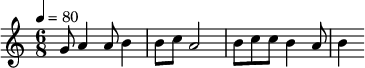 {\clef treble \tempo 4 = 80 \key c \major \time 6/8 \fixed c'
{g8 a4 a8 b4 b8 c' a2 b8 c' c' b4 a8 b4 }
}\midi{}