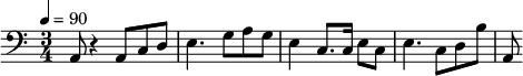 {\clef bass \tempo 4=90 \time 3/4
\set Score.currentBarNumber = #1 \bar ""
a,8 r4 a,8 c d e4. g8 a g e4 c8. c16 e8 c e4. c8 d b a,
}\addlyrics {\set fontSize = #-2
}
\midi{}