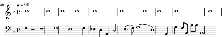 
{
  <<
    \relative c '' {
      \new Staff {
        \set Staff.midiMinimumVolume = #0.1
        \set Staff.midiMaximumVolume = #0.3
        \set Score.currentBarNumber = #39 \bar "" \tempo 4=90  \key f \major
        c1 c c c c c c c c c 
      }
    }
    \new Staff  \with {midiInstrument = #"acoustic bass"} 
    {
      \set Staff.midiMinimumVolume = #0.7
      \set Staff.midiMaximumVolume = #0.9
      \clef bass \key f \major 
      f4 r2 r1 f1 e1 f4 ees d g, c2 e4.( f8) g1( d1) g,4 g f8 a, bes bes a,1
    }
  >>
}
\midi{}