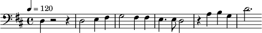 {\clef bass \key d \major \tempo 4=120
d4 r2 r4 d2 e4 fis g2 fis4 fis e4. e8 d2
r4 a b g d'2.
}\midi{}
