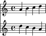 
\relative c'' {
  <<
    \new Staff {
      a b c d 
    }
    \new Staff {
      d c b a
    }
  >>
}
\midi{}