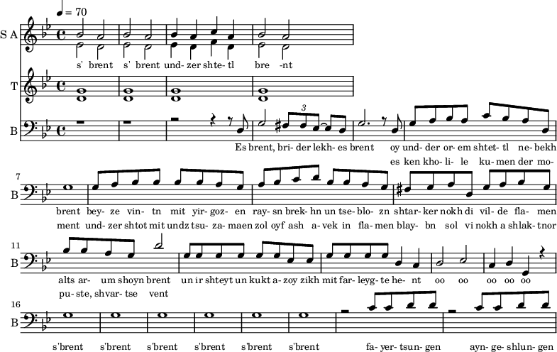 <<
\new Staff
\with {instrumentName = "S A"
shortInstrumentName = "S A"}
<<
\set Staff.midiMinimumVolume = #0.3
\set Staff.midiMaximumVolume = #0.7
\set Score.currentBarNumber = #1 \bar "" \tempo 4=70 \time 4/4 \key bes \major
\new Voice = "one" \relative c '' {
\voiceOne
bes2 a bes a bes4 a c a bes2 a
}
\new Voice = "two" \relative c '{
\voiceTwo
ees2 d ees d ees4 d f d ees2 d
}
>>
\new Lyrics \lyricsto "one" {\set fontSize = #-2
s' brent s' brent und- zer shte- tl bre -nt
}
\new Staff
\with {instrumentName = "T"
shortInstrumentName = "T"}
<<
\set Staff.midiMinimumVolume = #0.3
\set Staff.midiMaximumVolume = #0.5
\set Score.currentBarNumber = #1 \bar "" \tempo 4=70 \time 4/4 \key bes \major
\new Voice = "three" \fixed c ' {
\voiceOne
g1 g g g
}
\new Voice = "four" \fixed c ' {
\voiceTwo
d1 d d d
}
>>
\new Lyrics \lyricsto "three" {\set fontSize = #-2
}
\new Staff \with {midiInstrument = #"acoustic bass"
instrumentName = "B"
shortInstrumentName = "B"} <<
\set Staff.midiMinimumVolume = #14.7
\set Staff.midiMaximumVolume = #15.9
\set Score.currentBarNumber = #1 \bar "" \tempo 4=70 \time 4/4 \key bes \major
\clef bass
\new Voice = "five"{
\voiceOne
r1 r r2 r4 r8 d g2 \tuplet 3/2 {fis8 fis ees~} ees d g2. r8 d g a bes a c' bes a d g1 g8 a bes bes bes bes a g a bes c' d' bes bes a g fis g a d g a bes g bes bes a g d'2 g8 g g g g g ees ees g g g g d4 c d2 ees c4 d g, r4 g1 g g g g g r2 c'8 c' d' d' r2 c'8 c' d' d'
}
>>
\new Lyrics \lyricsto "five" {\set fontSize = #-2
Es brent, bri- der lekh- es brent oy und- der or- em shtet- tl ne- bekh brent bey- ze vin- tn mit yir- goz- en ray- sn brek- hn un tse- blo- zn shtar- ker nokh di vil- de fla- men alts ar- um shoyn brent un ir shteyt un kukt a- zoy zikh mit far- leyg- te he- nt oo oo oo oo oo s'brent s'brent s'brent s'brent s'brent s'brent fa- yer- tsun- gen ayn- ge- shlun- gen
}
\new Lyrics \lyricsto "five" {\set fontSize = #-2
_ _ _ _ _ _ _ es ken kho- li- le ku- men der mo- ment und- zer shtot mit undz tsu- za- maen zol oyf ash a- vek in fla- men blay- bn sol vi nokh a shlak- tnor pu- ste, shvar- tse vent
}
>>
\midi{}