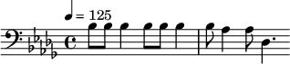 {\clef bass \tempo 4=125 \key des \major bes8 bes bes4 bes8 bes bes4 bes8 aes4 aes8 des4. }\midi{}