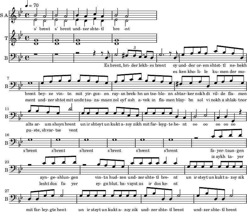 
<<
  \new Staff     
    \with {instrumentName = "S A"
           shortInstrumentName = "S A"}
    <<
    \set Staff.midiMinimumVolume = #0.3
    \set Staff.midiMaximumVolume = #0.7
    \set Score.currentBarNumber = #1 \bar "" \tempo 4=70 \time 4/4 \key bes \major

    \new Voice = "one" \relative c '' {  
      \voiceOne
        bes2 a bes a bes4 a c a bes2 a
    }
    \new Voice = "two" \relative c '{  
      \voiceTwo
        ees2 d ees d ees4 d f d ees2 d  
    }
    >>
    \new Lyrics \lyricsto "one" {\set fontSize = #-2
      s' brent s' brent und- zer shte- tl bre -nt
    }
  \new Staff  
    \with {instrumentName = "T"
           shortInstrumentName = "T"}
    <<
    \set Staff.midiMinimumVolume = #0.3
    \set Staff.midiMaximumVolume = #0.5      
    \set Score.currentBarNumber = #1 \bar "" \tempo 4=70 \time 4/4 \key bes \major
    \new Voice = "three" \fixed c ' {
      \voiceOne
       g1 g  g g 
    }
    \new Voice = "four" \fixed c ' {
      \voiceTwo
       d1 d d d
    }    
    >>
    \new Lyrics \lyricsto "three" {\set fontSize = #-2
    
    }

  \new Staff \with {midiInstrument = #"acoustic bass"
       instrumentName = "B"
       shortInstrumentName = "B"} <<
    \set Staff.midiMinimumVolume = #14.7
    \set Staff.midiMaximumVolume = #15.9
    \set Score.currentBarNumber = #1 \bar "" \tempo 4=70 \time 4/4 \key bes \major
    \clef bass 
    \new Voice = "five"{
      \voiceOne 
      r1 r r2 r4 r8 d g2 \tuplet 3/2 {fis8 fis ees~} ees d g2. r8 d g a bes a c' bes a d g1 g8 a bes bes bes bes a g a bes c' d' bes bes a g fis g a d g a bes g bes bes a g d'2 g8 g g g g g ees ees g g g g d4 c d2 ees c4 d g, r4 g1 g g g g g r2 c'8 c' d' d' r2 c'8 c' d' d' r2 bes8 a g g c' c' c' c' d'4 c' g8 g g g g g g g d d g g g2 g8 g g g g g g g g bes d d g2 g8 bes d d g2
    }
    >>
    \new Lyrics \lyricsto "five" {\set fontSize = #-2
    Es brent, bri- der lekh- es brent oy und- der or- em shtet- tl ne- bekh brent bey- ze vin- tn mit yir- goz- en ray- sn brek- hn un tse- blo- zn shtar- ker nokh di vil- de fla- men alts ar- um shoyn brent un ir shteyt un kukt a- zoy zikh mit far- leyg- te he- nt oo oo oo oo oo s'brent s'brent s'brent s'brent s'brent s'brent fa- yer- tsun- gen ayn- ge- shlun- gen vin- tn hud- zen und- zer shte- tl bre- nt un ir steyt un kukt a- zoy zik mit far- ley- gte hent un ir steyt un kukt a- zoy zik und- zer shte- tl brent und- zer shte- tl brent
    }
    \new Lyrics \lyricsto "five" {\set fontSize = #-2
            _ _ _ _ _ _ _                 es ken kho- li- le ku- men der mo- ment und- zer shtot mit undz tsu- za- maen zol oyf ash a- vek in fla- men blay- bn sol vi nokh a shlak- tnor pu- ste, shvar- tse vent _ _ _ _ _ _ _ _  _ _ _ _ _ _ _ _ _ _ _ _  _ _ _ _ _ iz aykh ta- yer  lesht dos fa- yer ey- gn blut. ba- vayst as ir dos ke- nt              }

>>
\midi{}