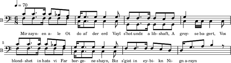 <<
%{
\new Staff
\with {instrumentName = "S A"
shortInstrumentName = "S A"}
<<
\set Staff.midiMinimumVolume = #0.3
\set Staff.midiMaximumVolume = #0.7
\set Score.currentBarNumber = #1 \bar "" \tempo 4=70 \time 4/4 \key bes \major
\new Voice = "s1" \relative c '' {
\voiceOne
bes2 a bes a bes4 a c a bes2 a
}
\new Voice = "s2" \relative c '{
\voiceTwo
ees2 d ees d ees4 d f d ees2 d
}
>>
\new Lyrics \lyricsto "s1" {\set fontSize = #-2
s' brent s' brent und- zer shte- tl bre -nt de
}
%}
%{
\new Staff
\with {instrumentName = "A"
shortInstrumentName = "A"}
<<
\set Staff.midiMinimumVolume = #0.3
\set Staff.midiMaximumVolume = #0.5
\set Score.currentBarNumber = #1 \bar "" \tempo 4=70 \time 4/4 \key bes \major
\new Voice = "a1" \fixed c ' {
\voiceOne
g1 g g g
}
\new Voice = "a2" \fixed c ' {
\voiceTwo
d1 d d d
}
>>
\new Lyrics \lyricsto "a1" {\set fontSize = #-2
}
\repeat volta 2
%}
%{
\new Staff
\with {instrumentName = "T"
shortInstrumentName = "T"}
<<
\set Staff.midiMinimumVolume = #0.3
\set Staff.midiMaximumVolume = #0.5
\set Score.currentBarNumber = #1 \bar "" \tempo 4=70 \time 4/4 \key bes \major
\new Voice = "t1" \fixed c ' {
\voiceOne
g1 g g g
}
\new Voice = "t2" \fixed c ' {
\voiceTwo
d1 d d d
}
>>
\new Lyrics \lyricsto "t1" {\set fontSize = #-2
}
\repeat volta 2
%}
\new Staff \with {midiInstrument = #"acoustic bass"
instrumentName = "B"
shortInstrumentName = "B"} <<
\set Staff.midiMinimumVolume = #14.7
\set Staff.midiMaximumVolume = #15.9
\set Score.currentBarNumber = #1 \bar "" \tempo 4=70 \time 6/8 \key c \major
\clef bass
\new Voice = "b1" \relative c' {
\voiceOne
c8 c8. c16 c8 bes a g16 g8. g8 g4 g8 f8 f8. f16 f8 e f g4 \stemDown c,16 c c4 c8 \stemUp c'8 c8. c16 c8 bes a g16 g8. g8 g4 g8 f8 f8. f16 f8 e d d16 g8. a8 b4 r8
}
{
\new Voice = "b2" \relative c {
\voiceOne
\stemDown
f8 f8. f16 f8 f f c16 c8. c8 c4 c8 g8 g8. g16 g8 g g c4 c16 c c4 c8 f8 f8. f16 f8 f f c16 c8. c8 c4 c8
}
}
>>
\new Lyrics \lyricsto "b1" {\set fontSize = #-2
Mir zayn- en a- le
Ot do af der erd
Vayl s’hot undz a lib- shaft,
A groy- se ba- gert,
Vos blond- shet in hats vi
Far bor- ge- ne shayn,
Biz s’gist in ey- bi- kn
Ni- gn a-rayn
}
\new Lyrics \lyricsto "b1" {\set fontSize = #-2
}
>>
\midi{}