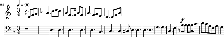 {
<<
\relative c ' {
\new Staff {
\set Staff.midiMinimumVolume = #1.1
\set Staff.midiMaximumVolume = #1.3
\set Score.currentBarNumber = #24 \bar "" \tempo 4=90 \key c \major \time 3/4
r4. d8 f8 g8 \key f \major a4. c8 d c a4 f8. f16 a8 f8 a4. f8 g e d4. d8 f a
}
}
\new Staff \with {midiInstrument = #"acoustic bass"}
{
\set Staff.midiMinimumVolume = #2.7
\set Staff.midiMaximumVolume = #3.9
\set Score.currentBarNumber = #24 \bar ""
\clef bass \key f \major \time 3/4
r1 d4. d d d d bes, c c4 cis8 d4. d d d g g c f4 r8 bes8^\f bes bes bes16 c'8. d'8 c' a f a g4
}
>>
}
\midi{}