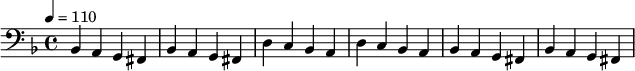 {\clef bass \tempo 4=110 \key f \major bes, a, g, fis, bes, a, g, fis, d c bes, a, d c bes, a, bes, a, g, fis, bes, a, g, fis,}\midi{}