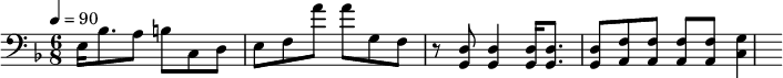 {\clef bass \tempo 4=90\key f \major \time 6/8 
e16 bes8. a8 b c d e f a' a' g f r8 <d g,> <d g,>4 <d g,>16 <d g,>8. <d g,>8 <f a,>8 <f a,>8 <f a,>8 <f a,>8 <g c>4 \break}\midi{}