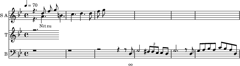 <<
\new Staff
\with {instrumentName = "S A"
shortInstrumentName = "S A"}
<<
\set Staff.midiMinimumVolume = #0.3
\set Staff.midiMaximumVolume = #0.7
\set Score.currentBarNumber = #1 \bar "" \tempo 4=70 \time 4/4 \key bes \major
\new Voice = "one" \relative c '' {
\voiceOne
r4. d8 f8 g8
}
\new Voice = "two" \relative c ''{
\voiceTwo
r4. a b c d d8 f8 g8
}
>>
\new Lyrics \lyricsto "one" {\set fontSize = #-2
Nit zu
}
\new Staff
\with {instrumentName = "T"
shortInstrumentName = "T"}
<<
\set Staff.midiMinimumVolume = #0.3
\set Staff.midiMaximumVolume = #0.5
\set Score.currentBarNumber = #1 \bar "" \tempo 4=70 \time 4/4 \key bes \major
\new Voice = "three" \fixed c '' {
\voiceOne
r2.
}
>>
\new Lyrics \lyricsto "three" {\set fontSize = #-2
}
\new Staff \with {midiInstrument = #"acoustic bass"
instrumentName = "B"
shortInstrumentName = "B"} <<
\set Staff.midiMinimumVolume = #4.7
\set Staff.midiMaximumVolume = #5.9
\set Score.currentBarNumber = #1 \bar "" \tempo 4=70 \time 4/4 \key bes \major
\clef bass
\new Voice = "four"{
\voiceOne
r1 r r2 r4 r8 d g2 \tuplet 3/2 {fis8 fis ees} ees d g2. r8 d g a bes a c' bes a d
}
>>
\new Lyrics \lyricsto "four" {\set fontSize = #-2
oo
}
>>
\midi{}