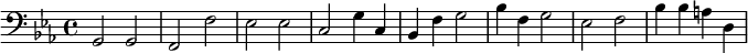 {\clef bass \key ees \major g,2 g, f, f ees ees c g4 c bes, f g2 bes4 f g2 ees f bes4 bes a d}