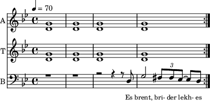 
<< 
  %{
  \new Staff     
    \with {instrumentName = "S A"
           shortInstrumentName = "S A"}
    <<
    \set Staff.midiMinimumVolume = #0.3
    \set Staff.midiMaximumVolume = #0.7
    \set Score.currentBarNumber = #1 \bar "" \tempo 4=70 \time 4/4 \key bes \major

    \new Voice = "s1" \relative c '' {  
      \voiceOne
        bes2 a bes a bes4 a c a bes2 a
    }
    \new Voice = "s2" \relative c '{  
      \voiceTwo
         ees2 d ees d ees4 d f d ees2 d  
    }
    >>
 
    \new Lyrics \lyricsto "s1" {\set fontSize = #-2
      s' brent s' brent und- zer shte- tl bre -nt
    }
  %}

  \new Staff  
  \with {instrumentName = "A"
          shortInstrumentName = "A"}
  <<
  \set Staff.midiMinimumVolume = #0.3
  \set Staff.midiMaximumVolume = #0.5      
  \set Score.currentBarNumber = #1 \bar "" \tempo 4=70 \time 4/4 \key bes \major
  \new Voice = "a1" \fixed c ' {
    \voiceOne
      g1 g  g g 
  }
  \new Voice = "a2" \fixed c ' {
    \voiceTwo
      d1 d d d
  }    
  >>
  \new Lyrics \lyricsto "a1" {\set fontSize = #-2
  
  }
  \repeat volta 2

  \new Staff  
    \with {instrumentName = "T"
           shortInstrumentName = "T"}
    <<
    \set Staff.midiMinimumVolume = #0.3
    \set Staff.midiMaximumVolume = #0.5      
    \set Score.currentBarNumber = #1 \bar "" \tempo 4=70 \time 4/4 \key bes \major
    \new Voice = "t1" \fixed c ' {
      \voiceOne
       g1 g  g g 
    }
    \new Voice = "t2" \fixed c ' {
      \voiceTwo
       d1 d d d
    }    
    >>
    \new Lyrics \lyricsto "t1" {\set fontSize = #-2
    
    }
  \repeat volta 2

  \new Staff \with {midiInstrument = #"acoustic bass"
       instrumentName = "B"
       shortInstrumentName = "B"} <<
    \set Staff.midiMinimumVolume = #14.7
    \set Staff.midiMaximumVolume = #15.9
    \set Score.currentBarNumber = #1 \bar "" \tempo 4=70 \time 4/4 \key bes \major
    \clef bass 
    \new Voice = "b1"{
      \voiceOne 
      r1 r r2 r4 r8 d g2 \tuplet 3/2 {fis8 fis ees~} ees d 
    }
    >>
    \new Lyrics \lyricsto "b1" {\set fontSize = #-2
    Es brent, bri- der lekh- es brent oy und- der or- em shtet- tl ne- bekh brent 
    }
    \new Lyrics \lyricsto "b1" {\set fontSize = #-2
            _ _ _ _ _ _ _                 es ken kho- li- le ku- men der mo- ment und- zer shtot mit undz tsu- za- maen zol 
}
>>
\midi{}