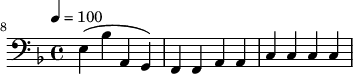 {\clef bass \tempo 4=100 \key f \major   
\set Score.currentBarNumber = #8 \bar ""
e4( bes a, g,) f, f, a,a, c c c c
}\addlyrics {\set fontSize = #-2 

}
\midi{}