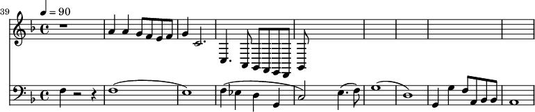 
{
  <<
    \relative c '' {
      \new Staff {
        \set Staff.midiMinimumVolume = #0.1
        \set Staff.midiMaximumVolume = #0.3
        \set Score.currentBarNumber = #39 \bar "" \tempo 4=90  \key f \major
        r1 a4 a g8 f e f g4  c,2. c,4. a8 g f e d g
      }
    }
    \new Staff  \with {midiInstrument = #"acoustic bass"} 
    {
      \set Staff.midiMinimumVolume = #0.7
      \set Staff.midiMaximumVolume = #0.9
      \clef bass \key f \major 
      f4 r2 r4 f1( e1) f4( ees d g, c2) e4.( f8) g1( d1) g,4 g f8 a, bes, bes, a,1
    }
  >>
}
\midi{}